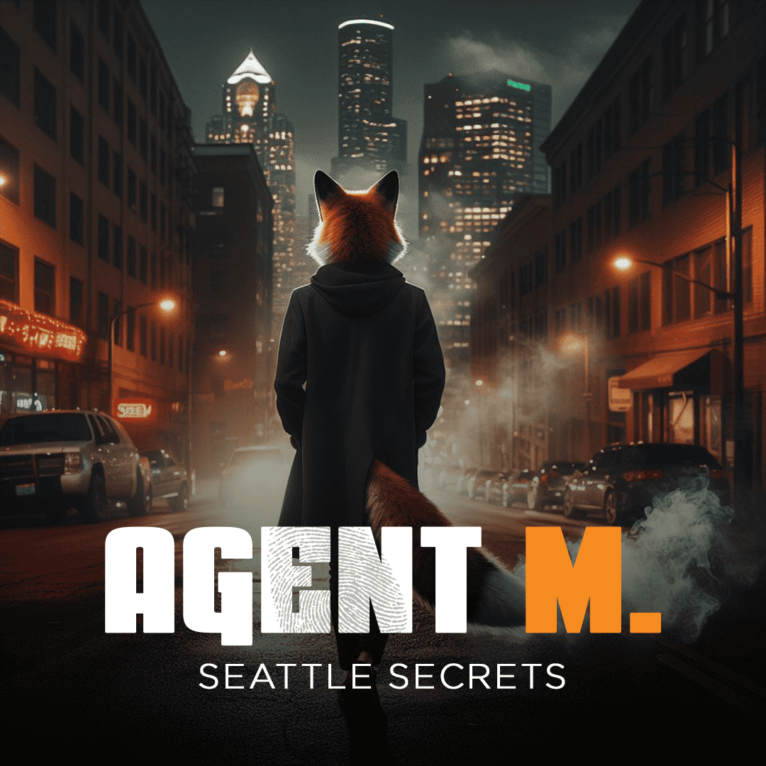 A fox in a hoodie overlooking Seattle's cityscape at night, promoting escape room adventures.